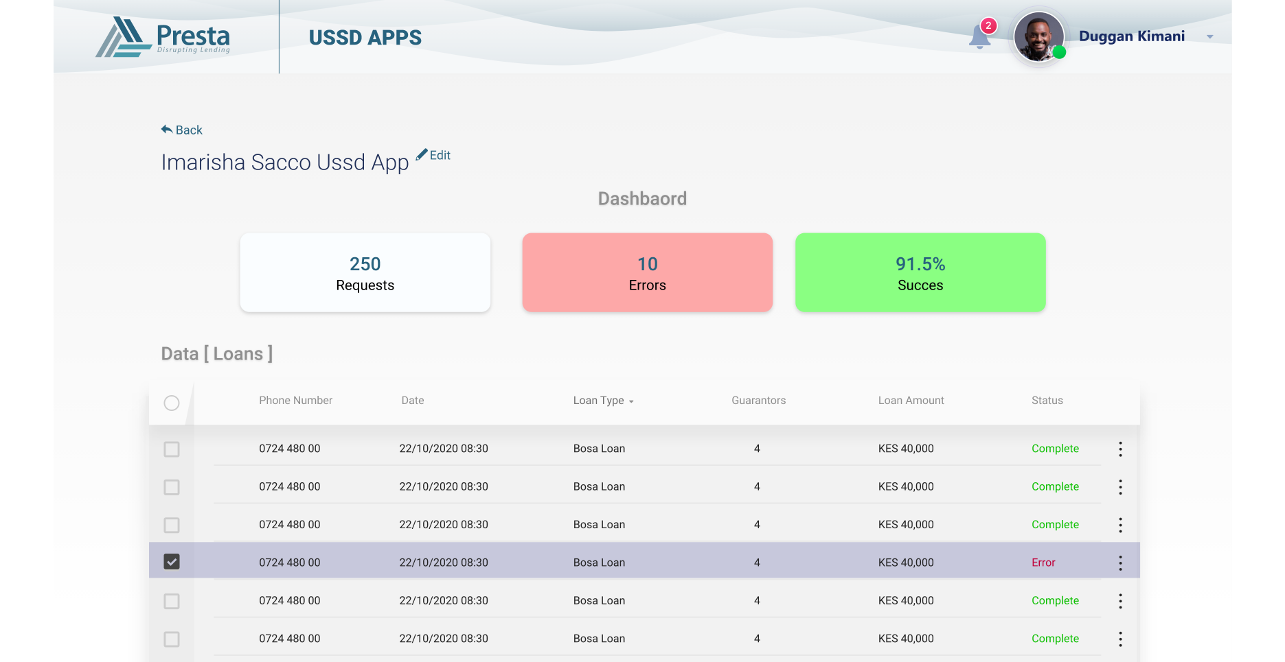 Loan management system screen