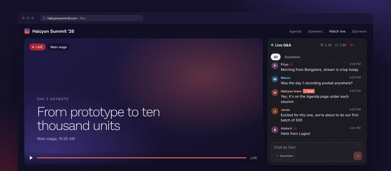 Backchannel embedded on an event livestream page: YouTube and web messages arrive in one feed, a viewer asks a question, the host replies, and the Questions filter shows the Q&A queue